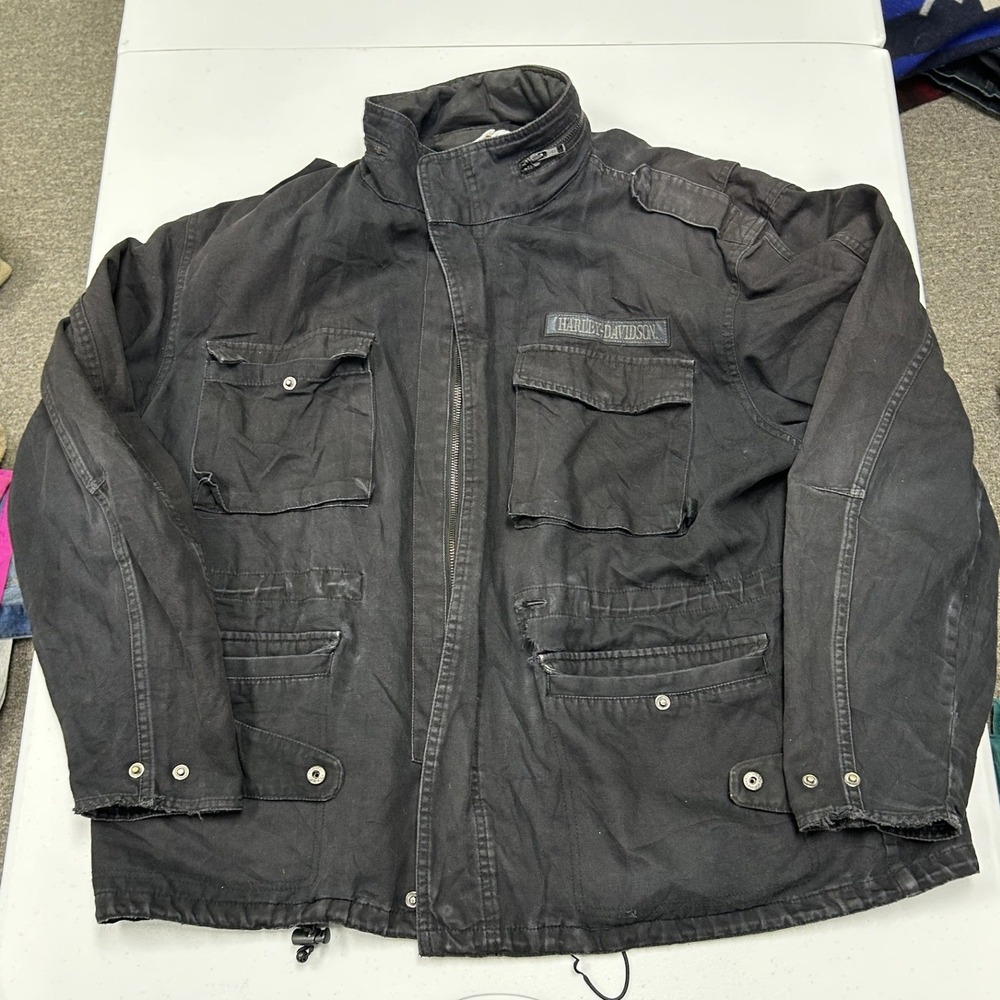 Harley-Davidson Field Jacket Mens XL Black Good Distressed Cotton Canvas Utility